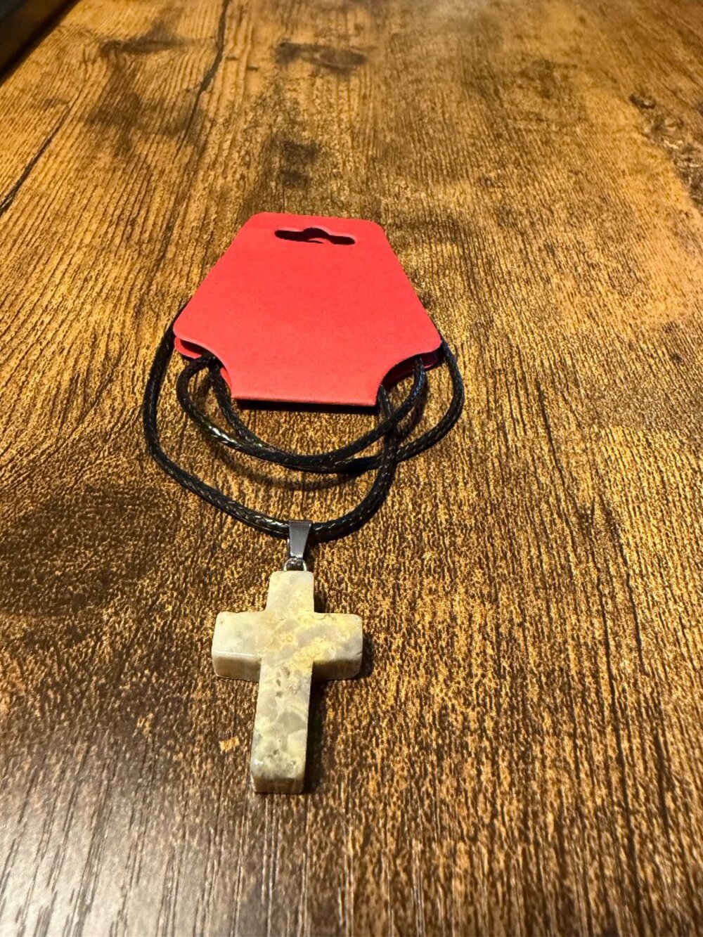 Cross Pendant Necklace: Polished Green Stone Cross & Black Cord